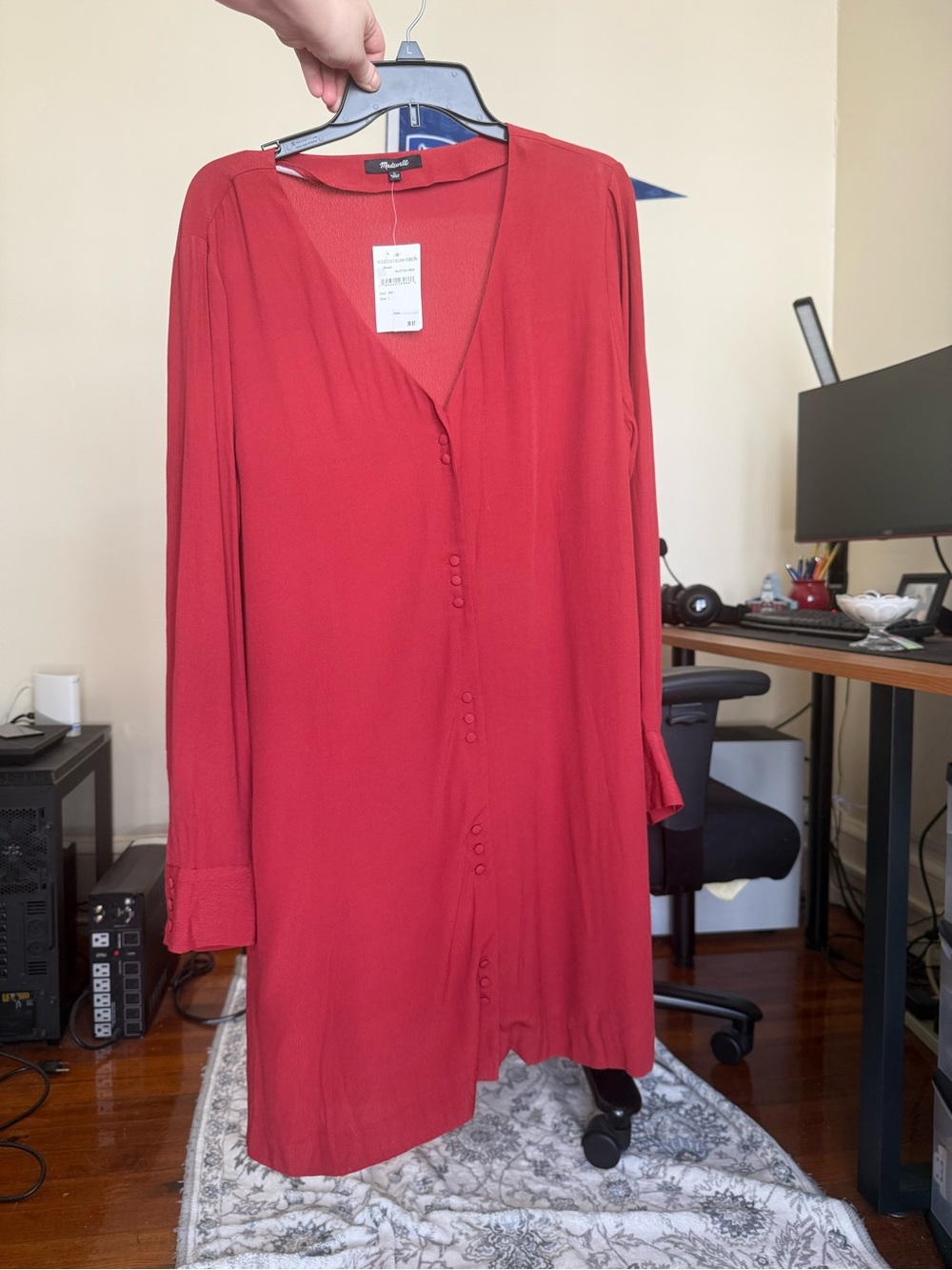 NWT Madewell Red Novel Long Sleeve Button Front Shirt Dress / Large